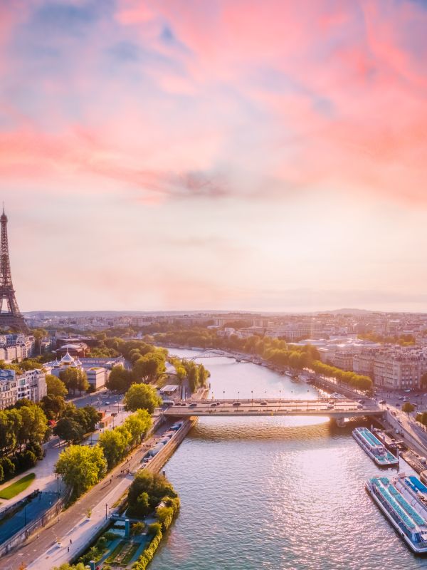 paris aerial panorama with river seine and eiffel tower, france.